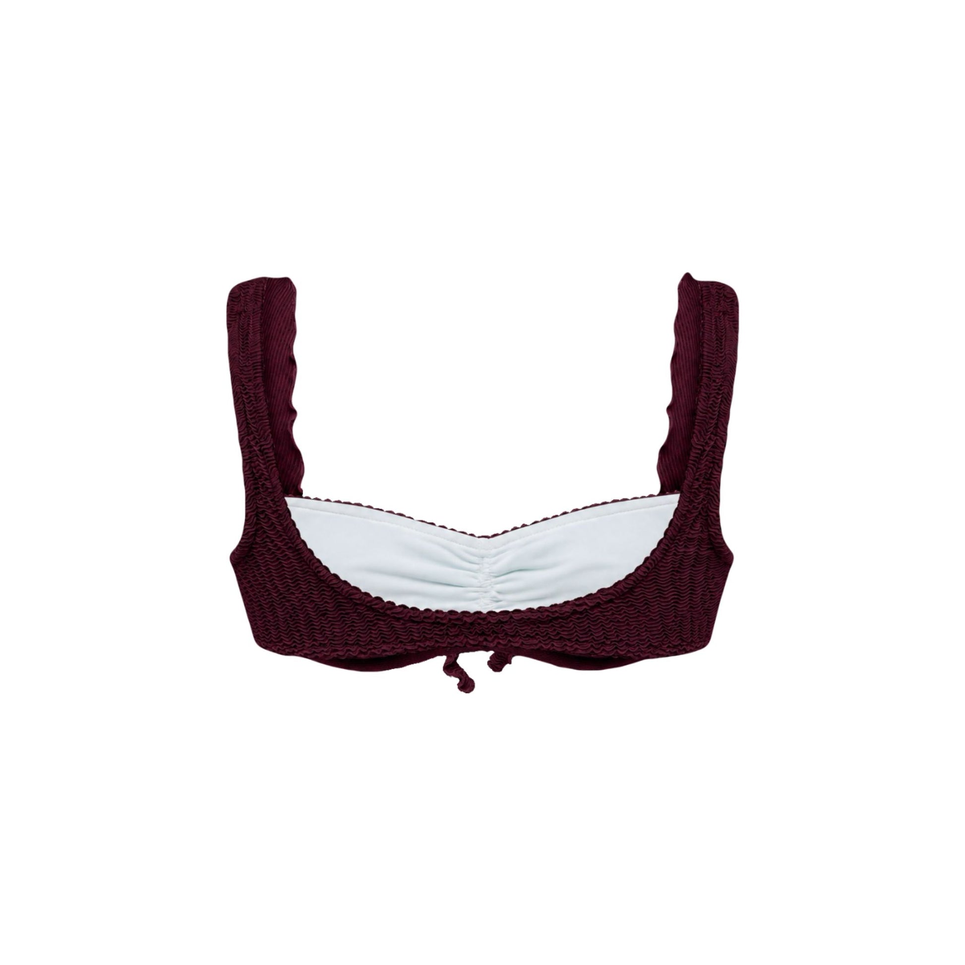 Ruffle bikini top in dark textured fabric with ruched center and small ties