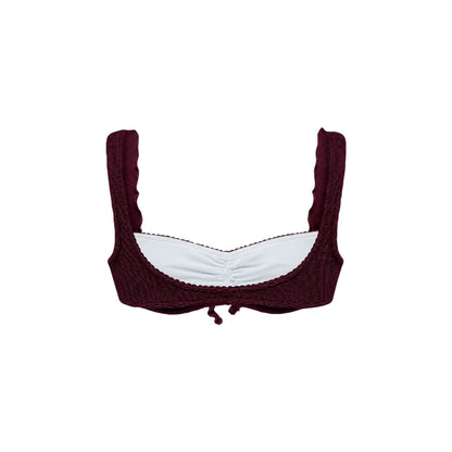 Ruffle bikini top in dark textured fabric with ruched center and small ties