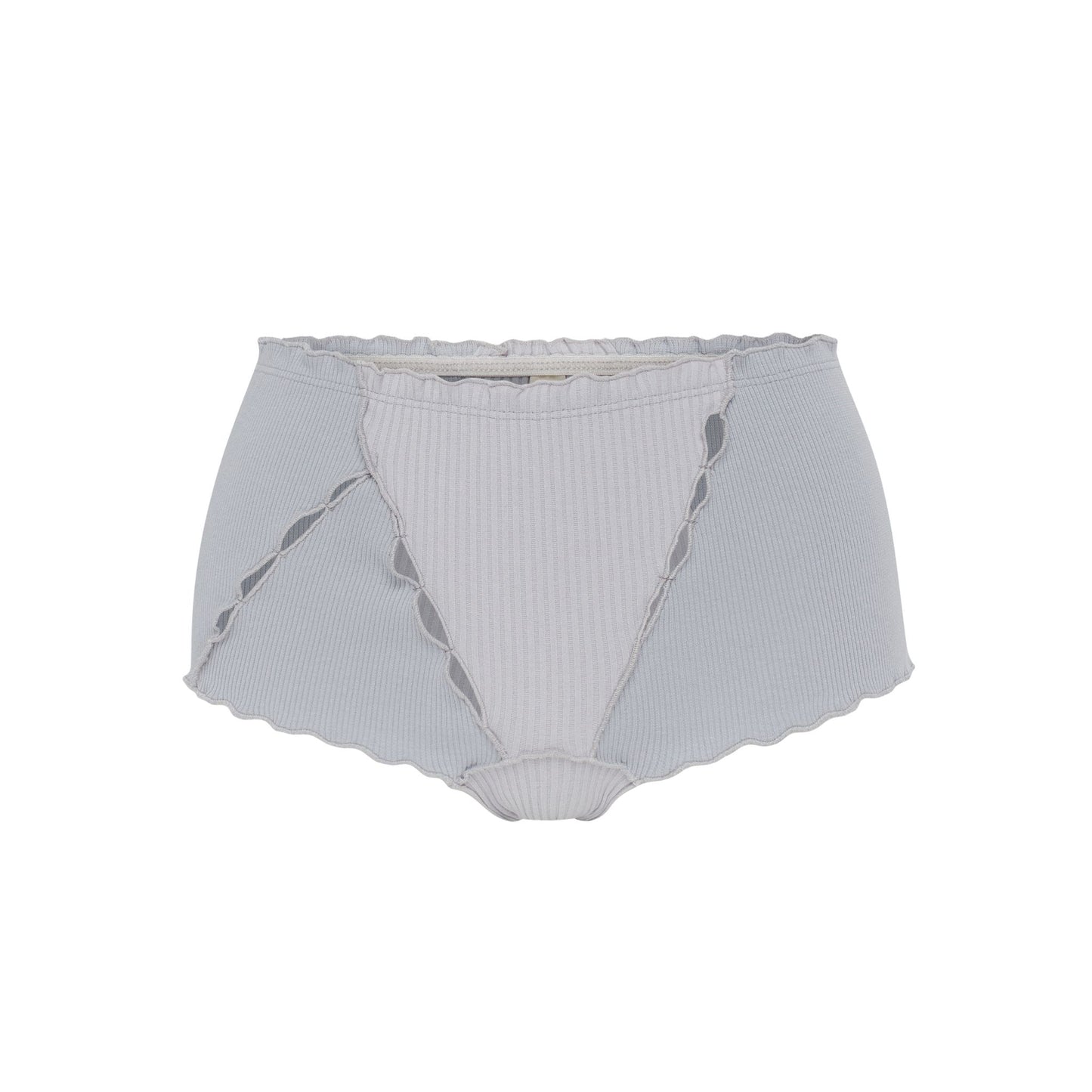 Blue ribbed boyshorts with scalloped edges and braided seam detail