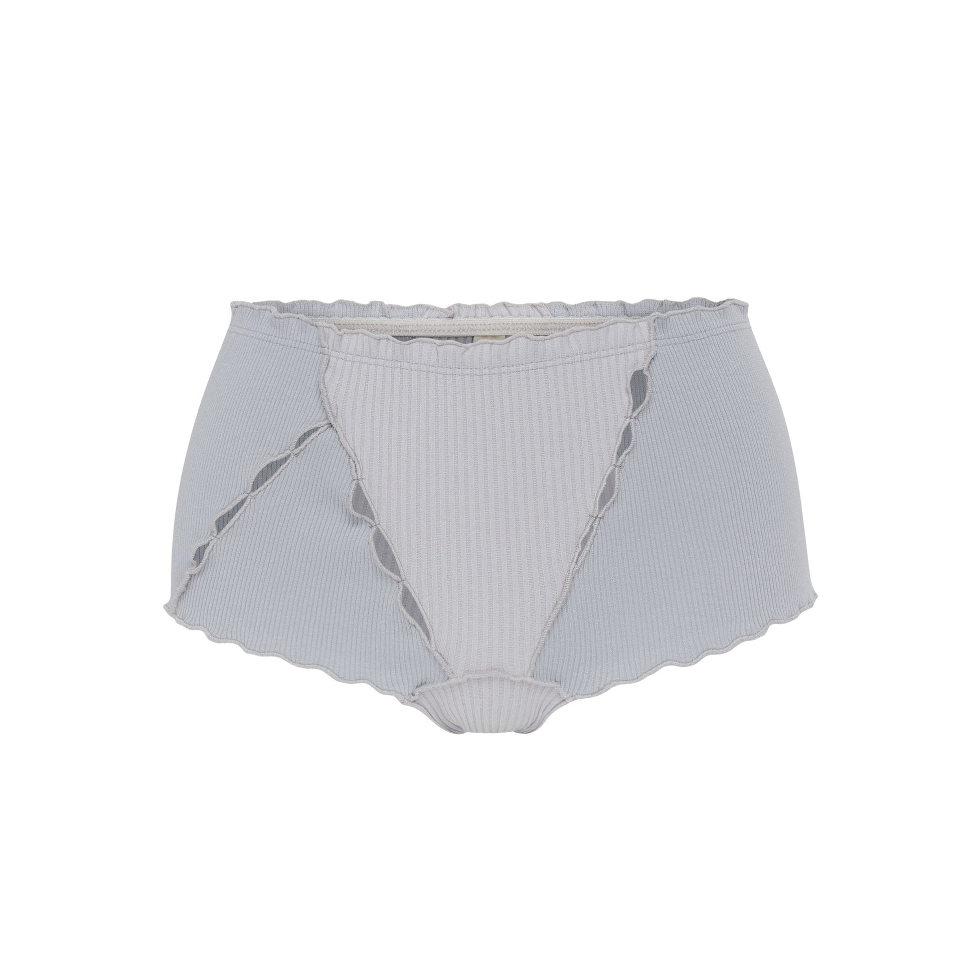 Blue ribbed boyshorts with scalloped edges and braided seam detail