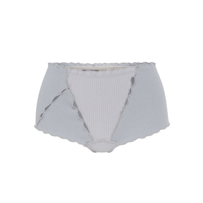 Blue ribbed boyshorts with scalloped edges and braided seam detail