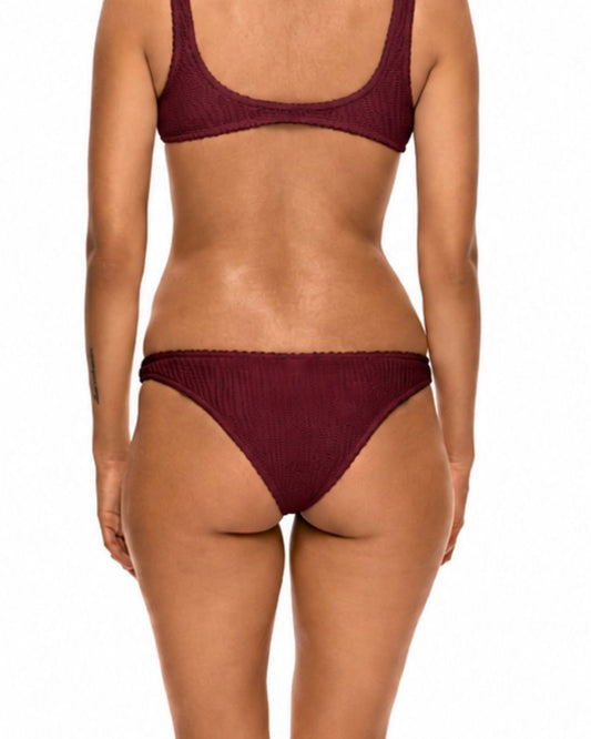 Burgundy bikini bottoms with ruffled leg openings and scalloped edge