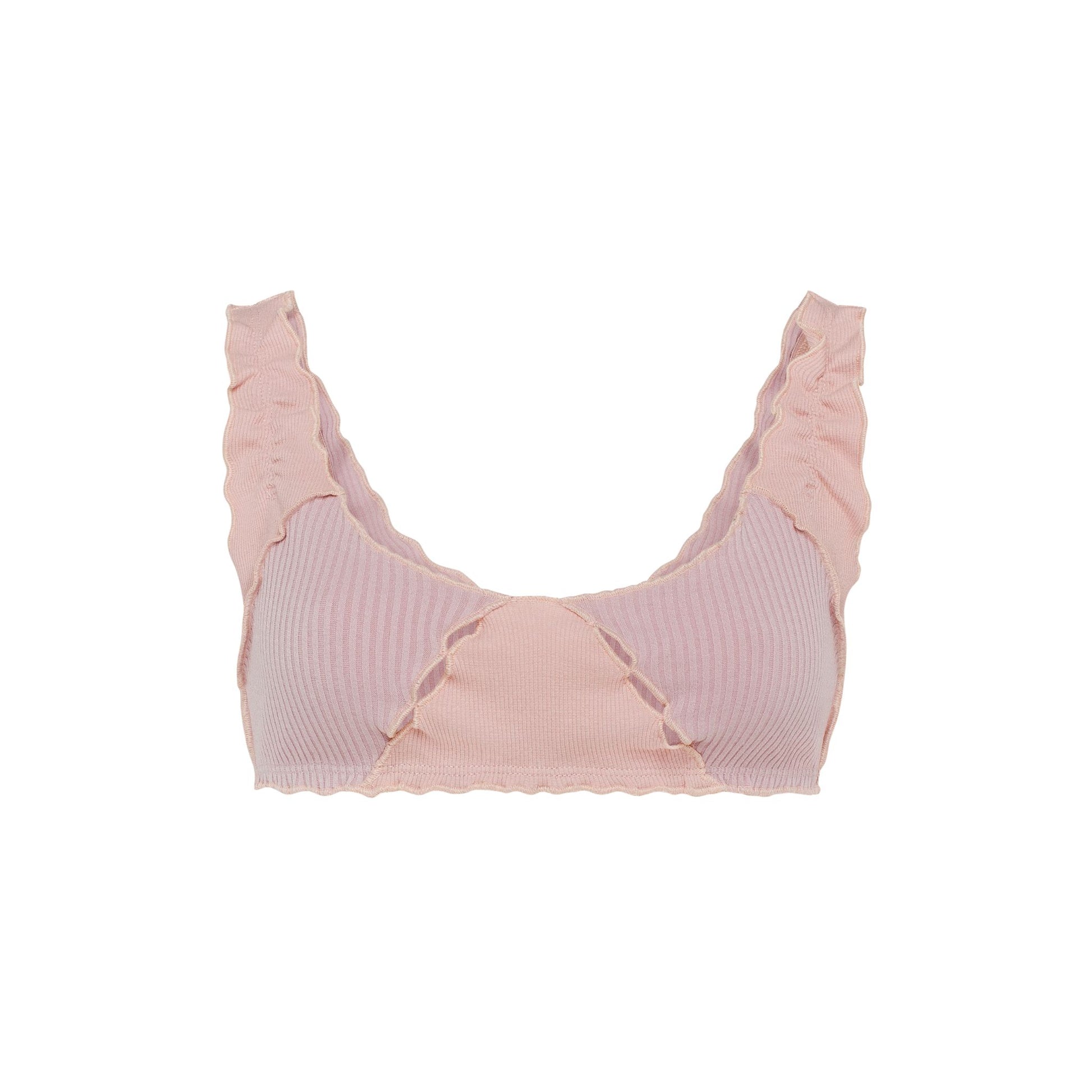 Pink ribbed bralette top with ruffled trim and curved scoop neckline