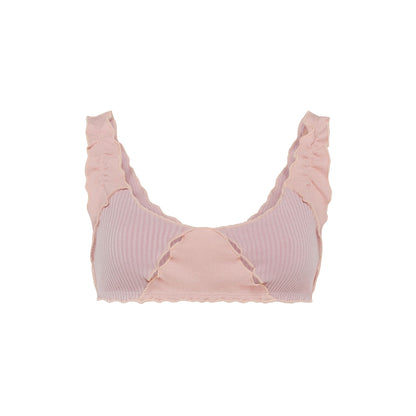 Pink ribbed bralette top with ruffled trim and curved scoop neckline