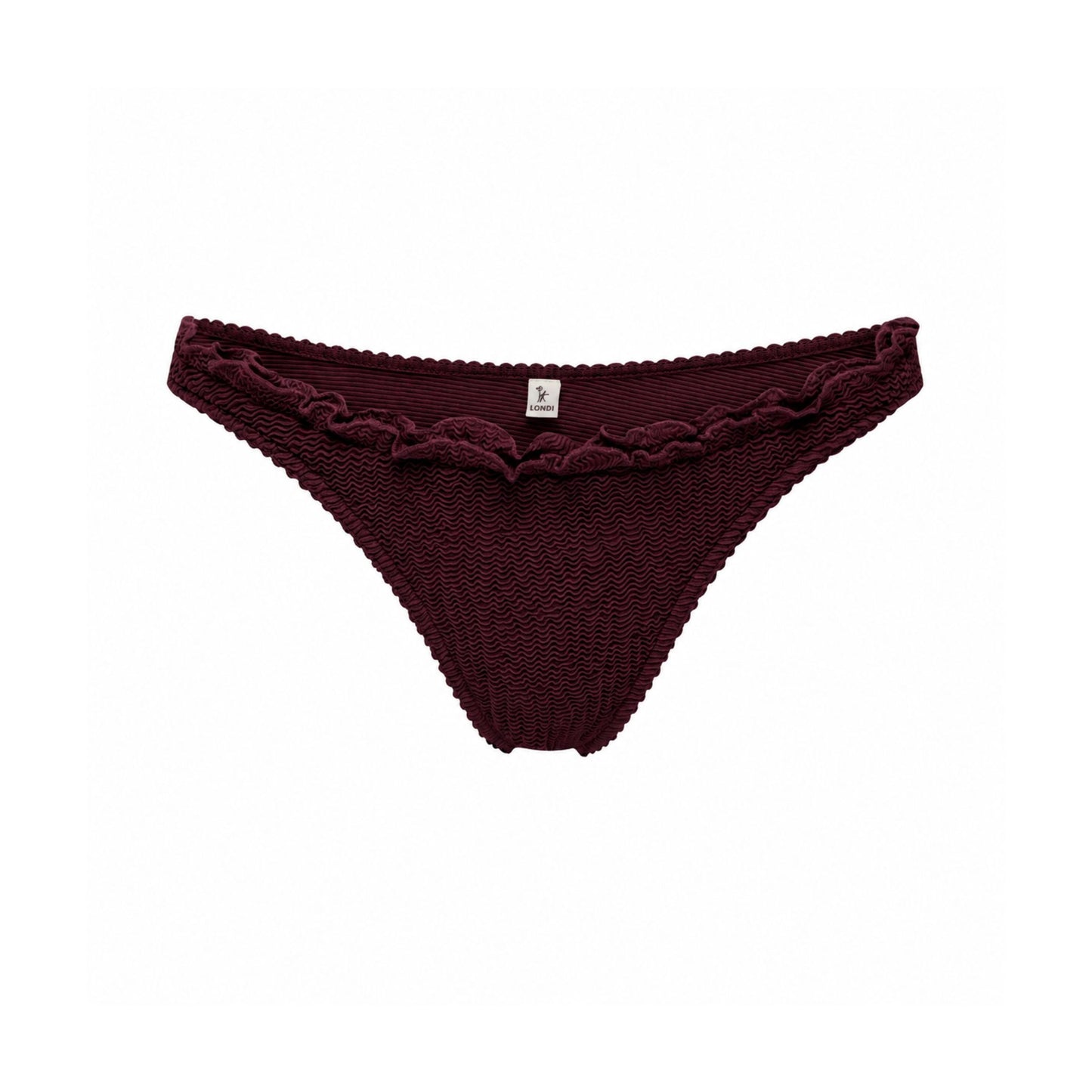 Burgundy bikini bottoms with ruffled trim and scalloped edge