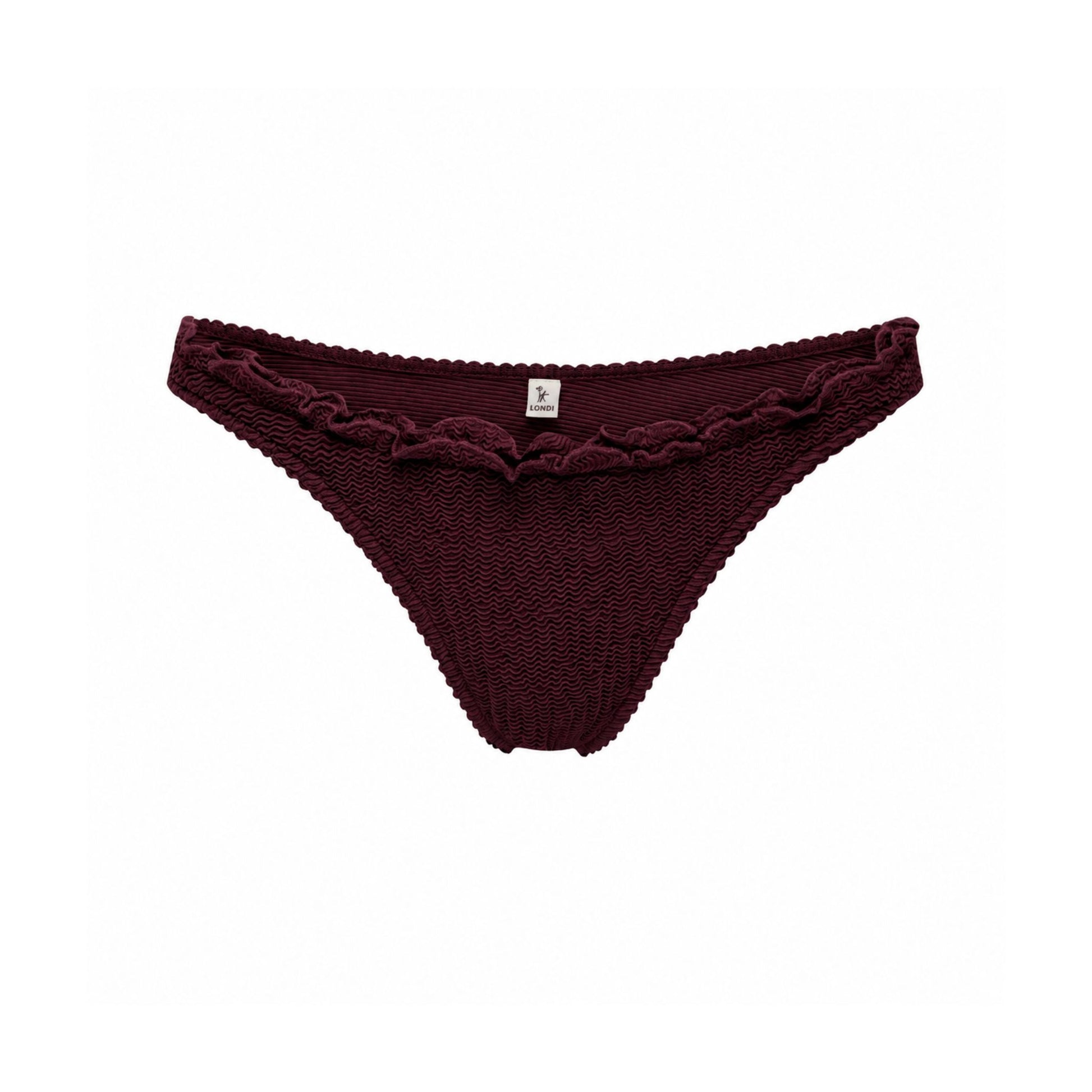 Burgundy bikini bottoms with ruffled trim and scalloped edge