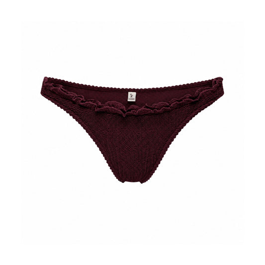 Burgundy bikini bottoms with ruffled trim and scalloped edge