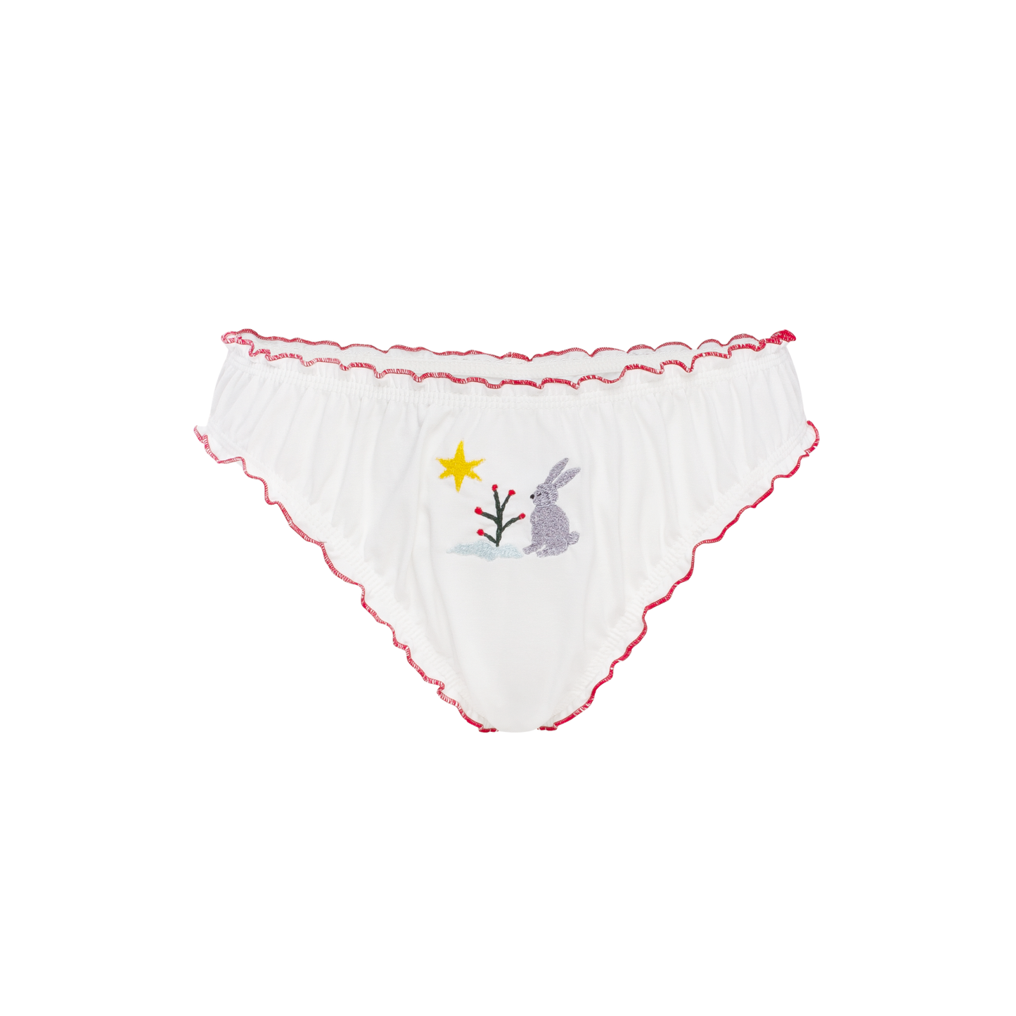 White tanga panties with red picot trim and bunny embroidery on the front