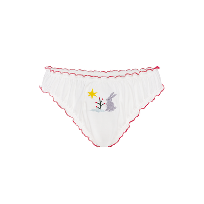 White tanga panties with red picot trim and bunny embroidery on the front