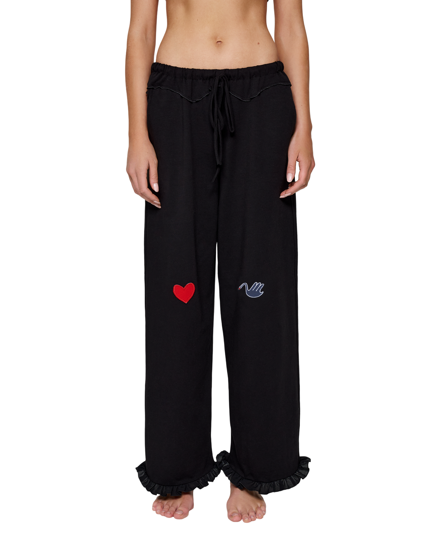 Black wide-leg pants with drawstring waist, ruffled cuffs, red heart and swan embroidery