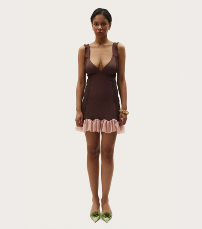 Brown mini dress with V neckline and pink ruffled skirt hem, thin straps