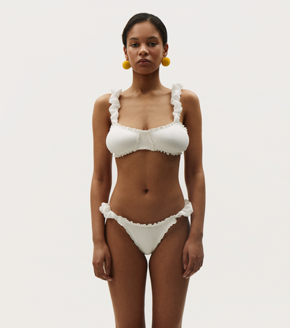 White ribbed tanga underwear with frilly trim at waistband and leg openings