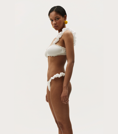 White ribbed tanga underwear with ruffle trim along hip and leg openings