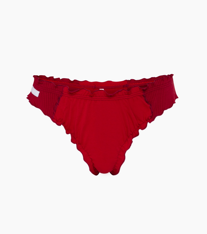 Burgundy wavy tanga panty with ruffled edge and scalloped seam detailing