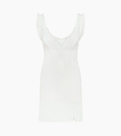 White wavy sleeveless dress with scalloped V neckline