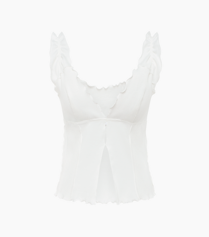 White short wavy tank with ruffled V neckline and ribbed texture, sleeveless.