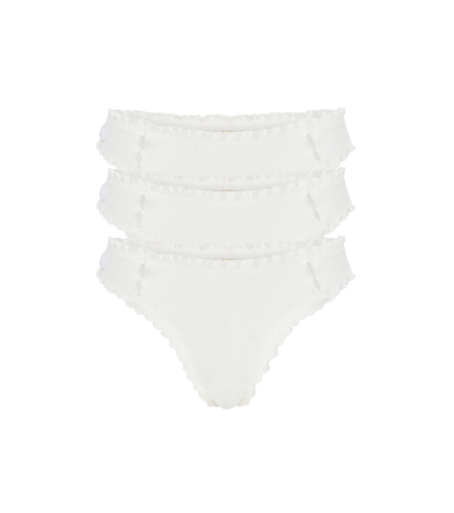White thong panty set (3-pack) with ruched fabric and scalloped edges