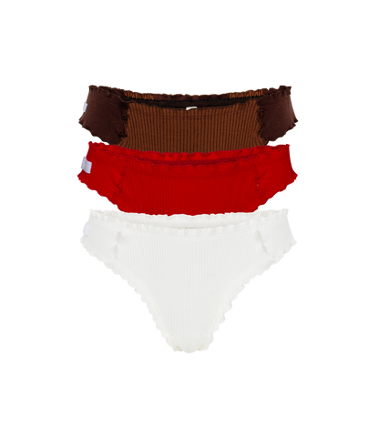 Three-pack ribbed tanga panties in brown, red, and white