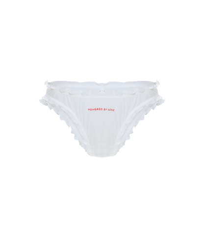 White tanga panties with ruffled elastic leg openings and red “POWERED BY LOVE” print