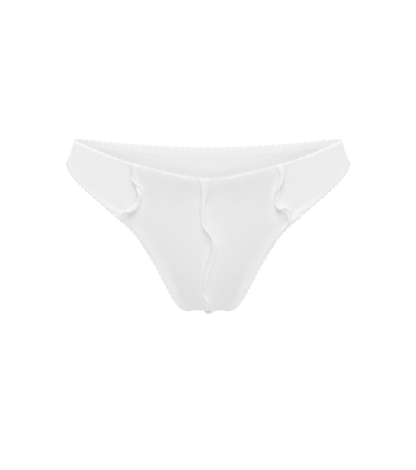 White bikini bottoms with wavy seam detailing and full coverage fit