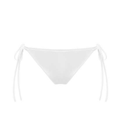 White bikini bottom with side tie strings and scalloped trim