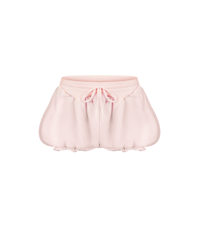 Pink micro shorts with ruffle trim, elastic waistband and drawstring tie front