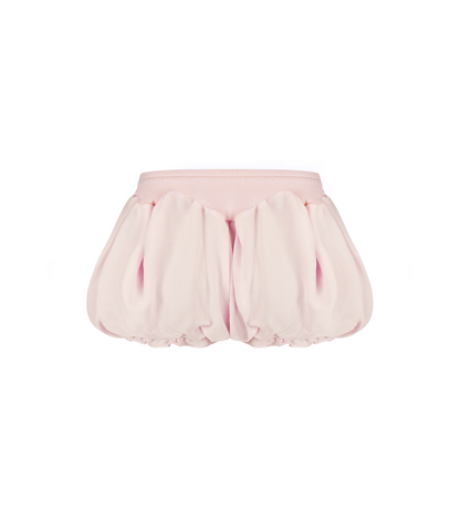 Pink micro shorts with ruffled hem, elastic waistband and center back seam