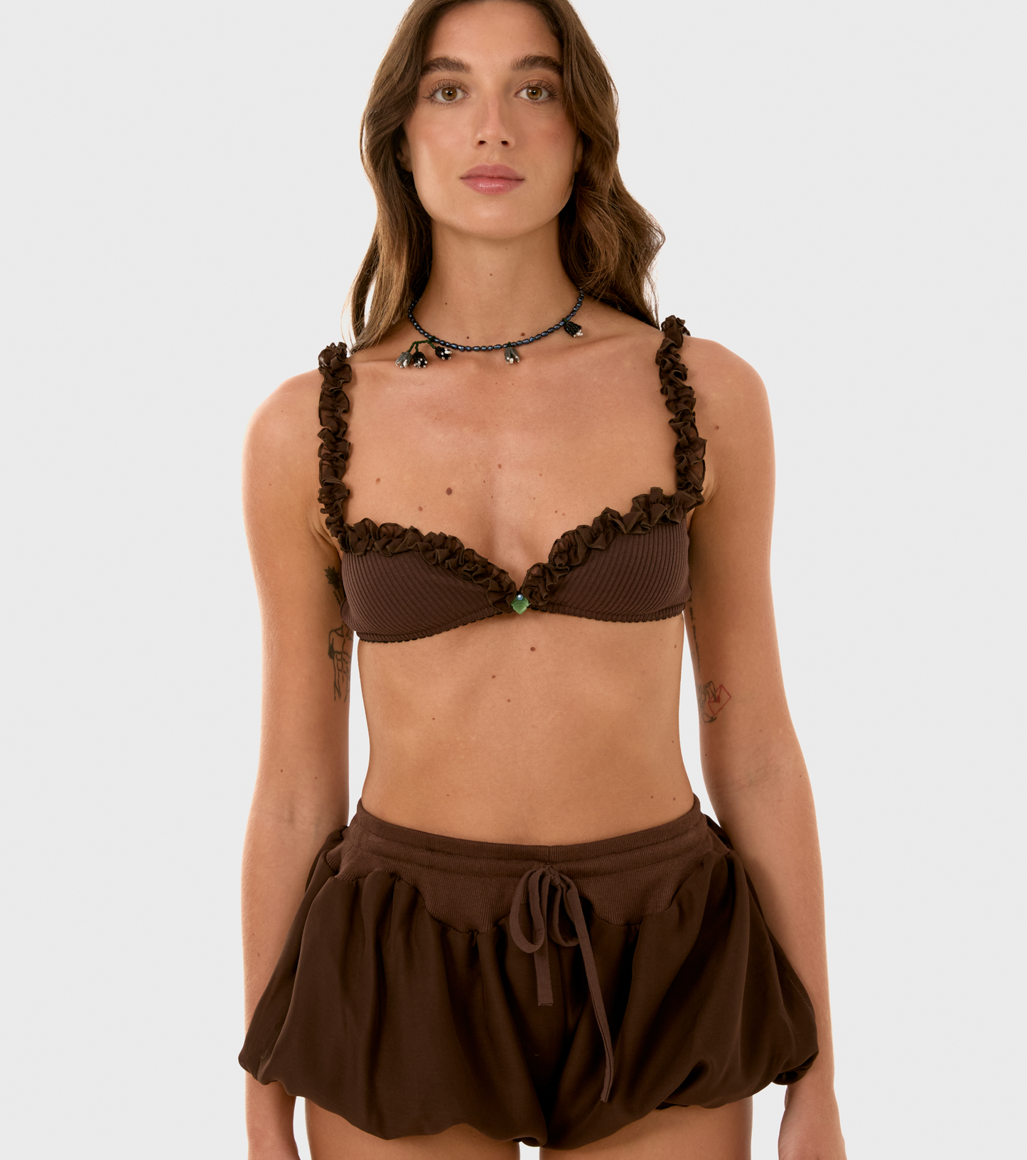 Micro Shorts with Ruffles in Brown
