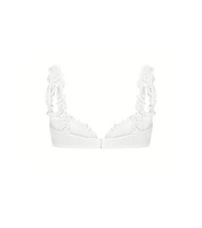 White ribbed bralette with ruffled trim and scalloped cups