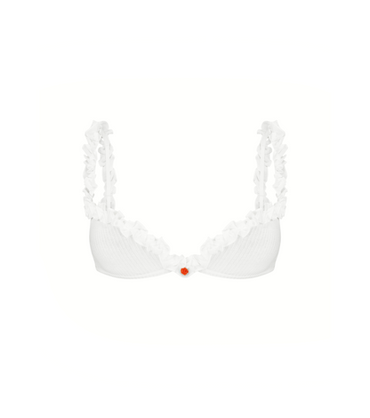 White ribbed bralette with ruffled neckline and small flower detail at center