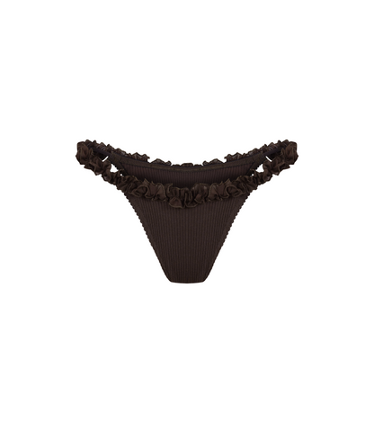 Brown ruffle-trim tanga panties with gathered side edges
