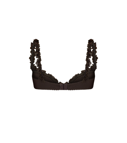 Dark brown ribbed bralette with ruffled edges and green center leaf-shaped charm