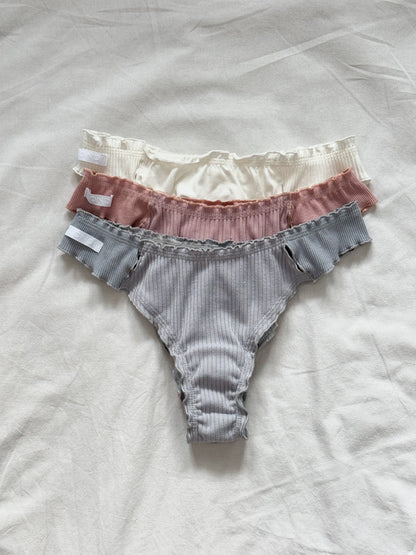 Pastel thong set: cream, rose pink, gray ribbed briefs, three-pack