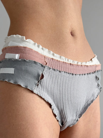 Ribbed thong underwear with frayed edge, light gray with pale pink waistband