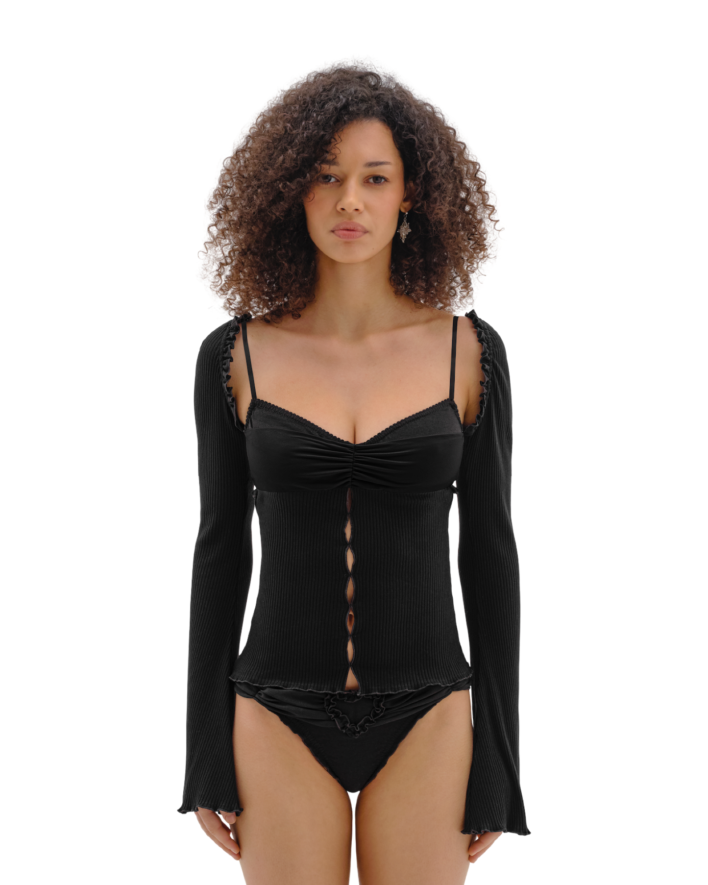 Black draped-neck top with ruched center knot and long ribbed sleeves