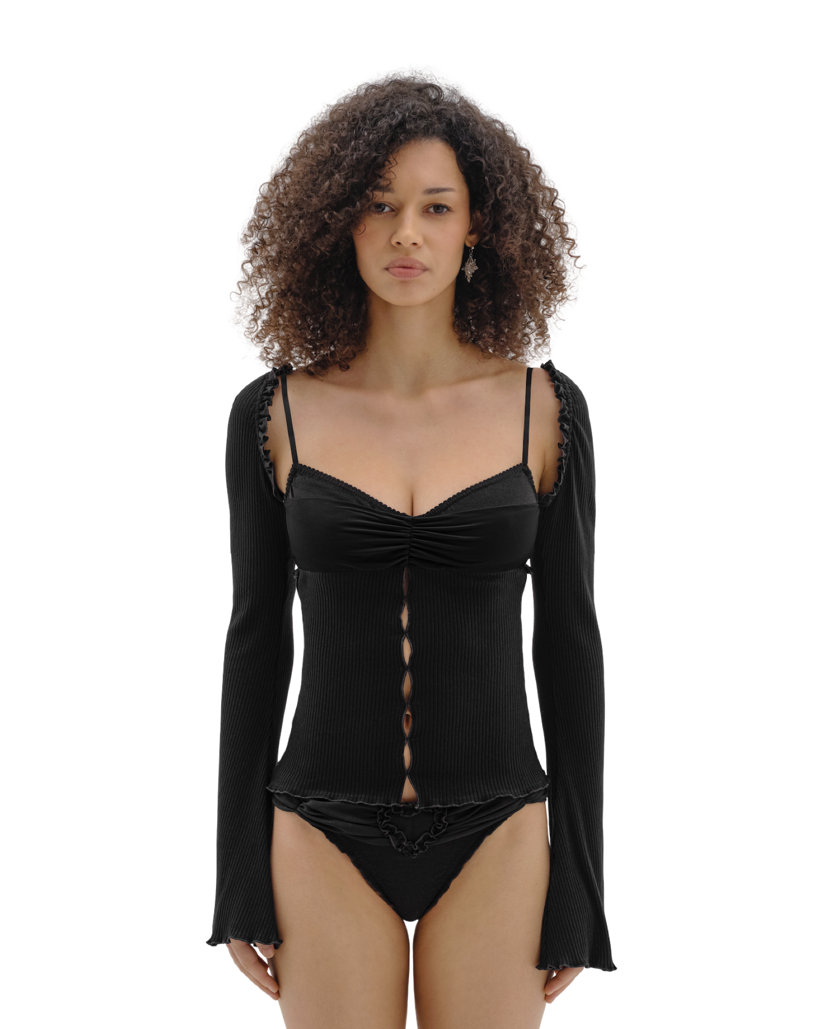 Black draped-neck top with ruched center knot and long ribbed sleeves