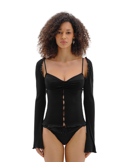 Black draped-neck top with ruched center knot and long ribbed sleeves