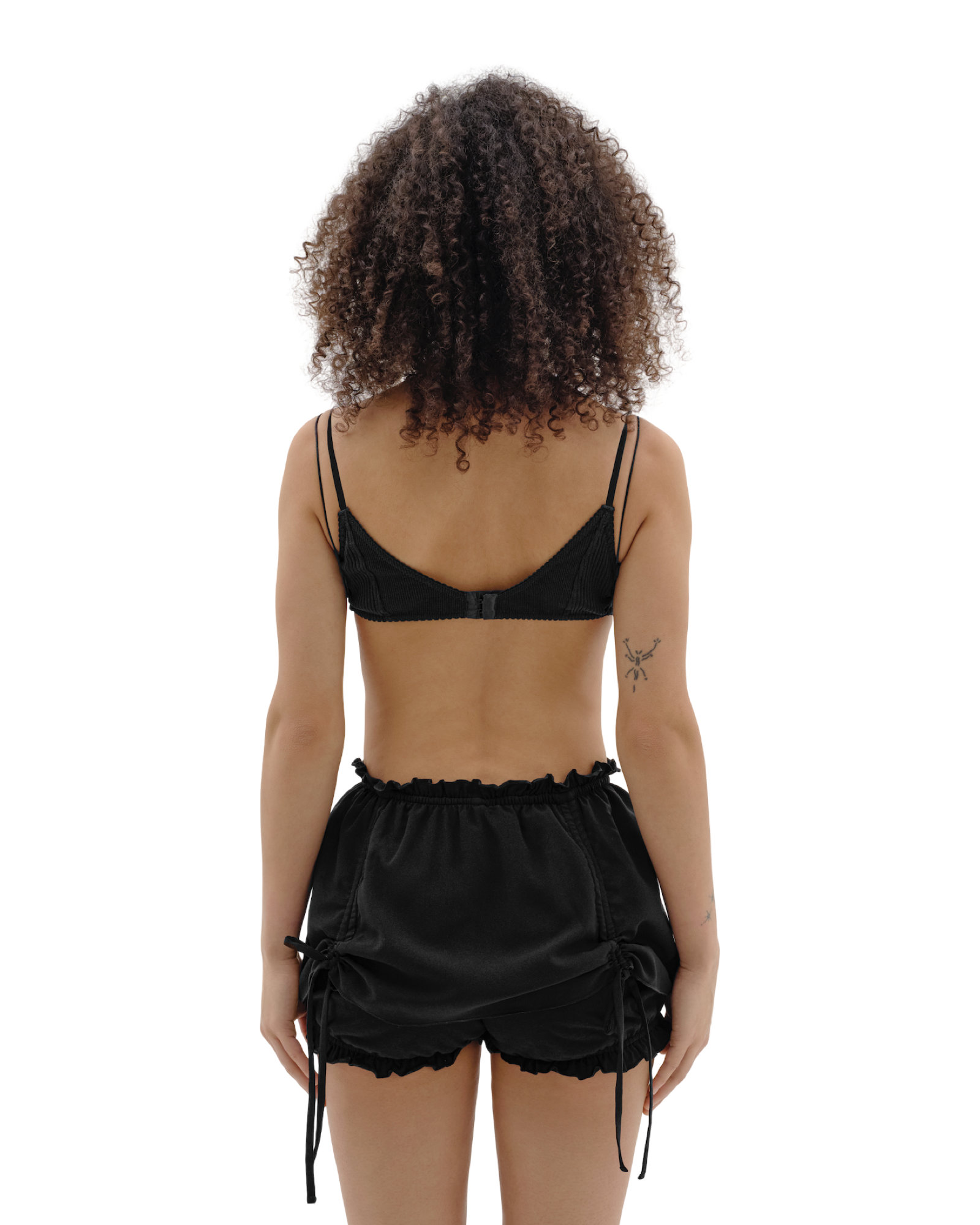 Black shorts with shirred back waistband and side drawstring bow ties
