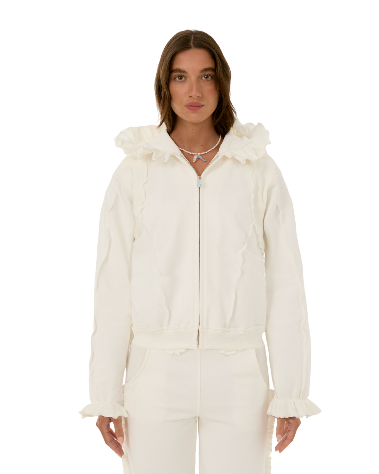 White zip-up hoodie with ruffled hood and long sleeves with ruffled cuffs