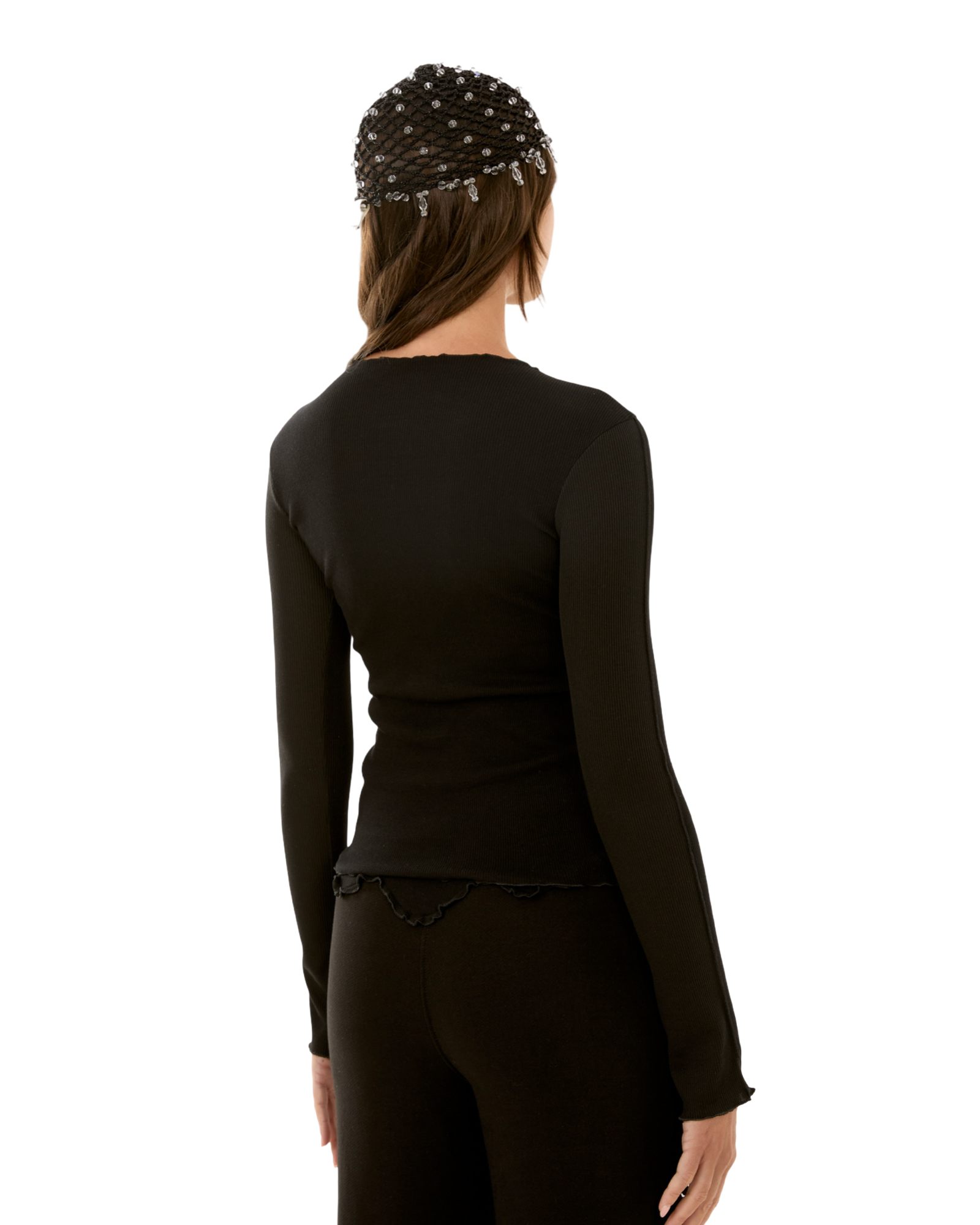 Black long-sleeve top, back view, ribbed fabric with vertical seam detail