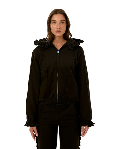 Black zip-up hoodie with ruffled hood and long sleeves
