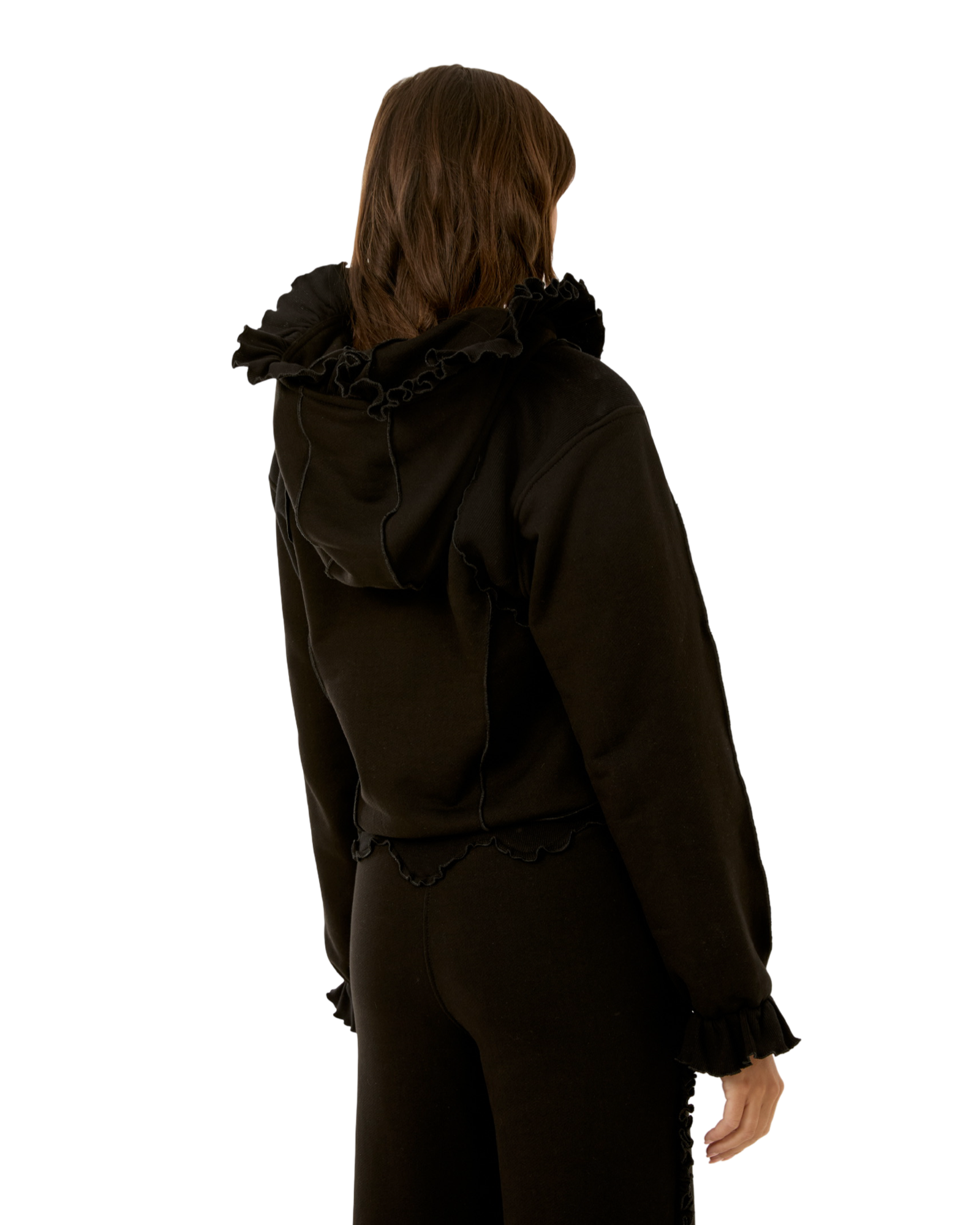 Black zip-up hoodie with ruffled hood, back view