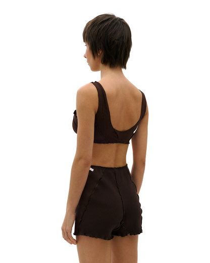 Brown ribbed bralette top, crossed back straps, black trim