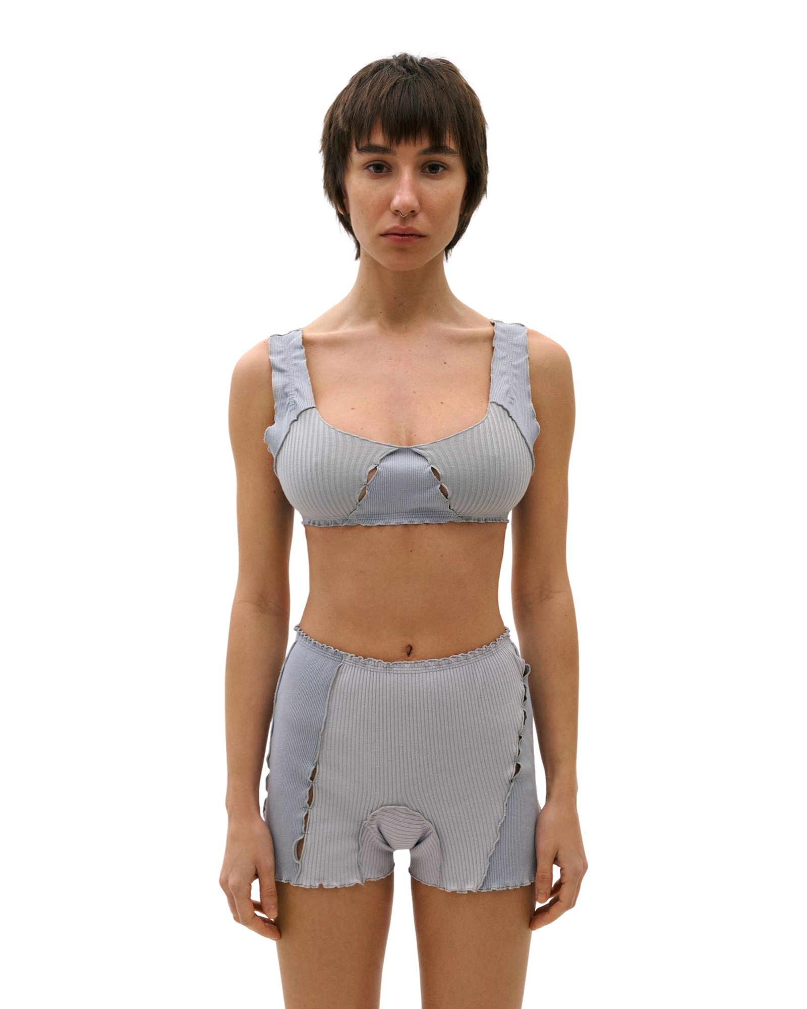 Light blue ribbed knit shorts with elastic waistband, scalloped hem, decorative loop stitching.