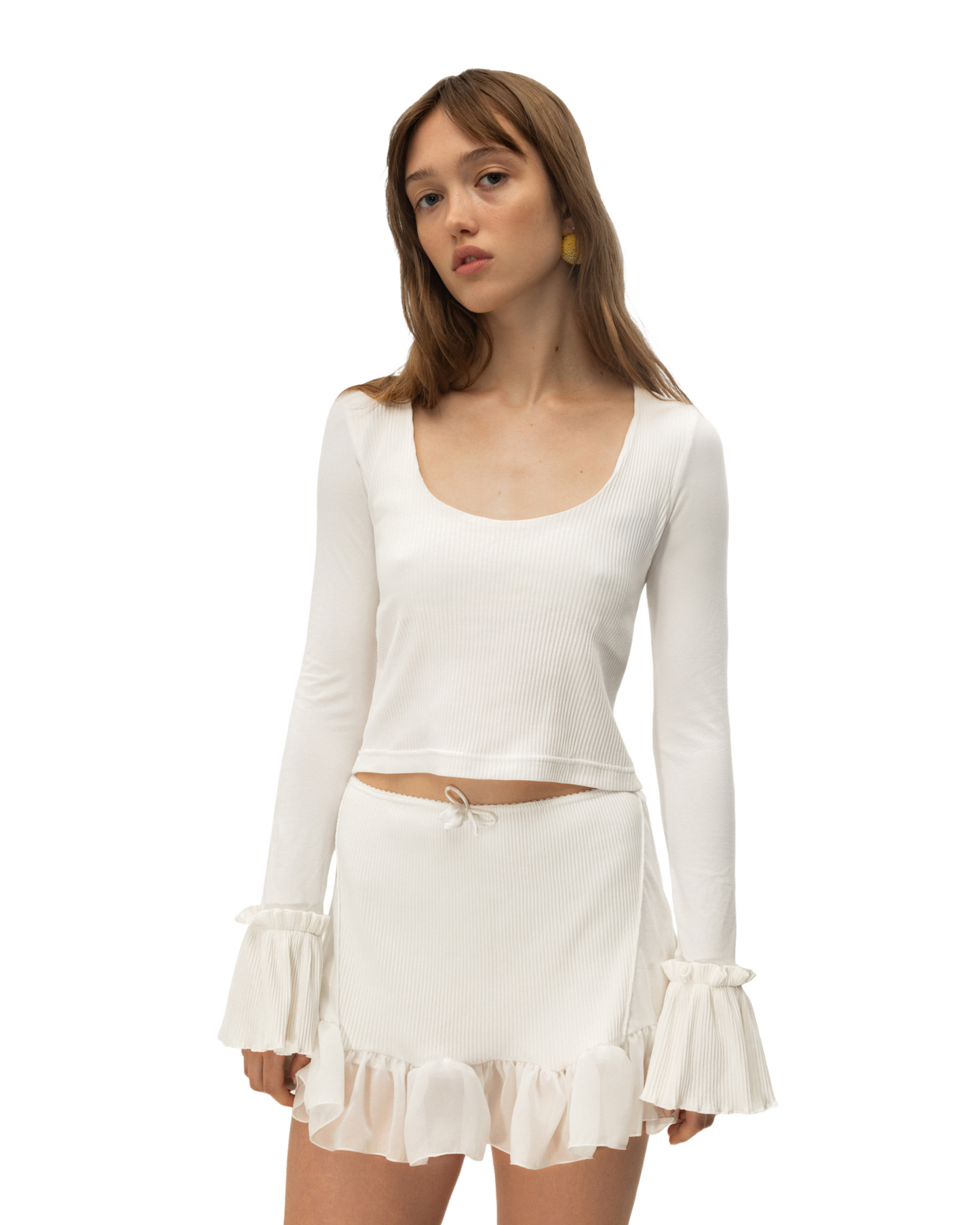 White long-sleeve ruffle top with drawstring waist tie, scoop neck, and tiered skirt
