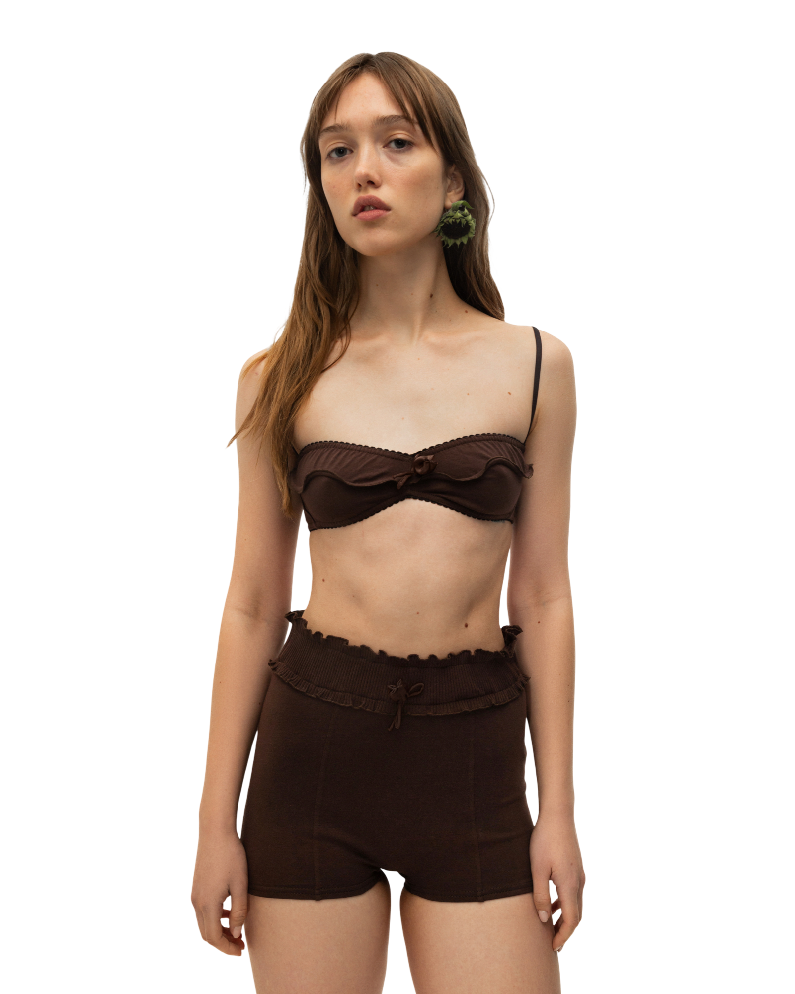 Brown wave bralette with scalloped ruffled underbust edge and thin straps