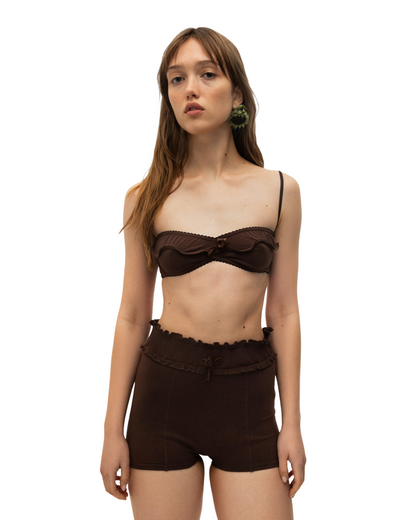 Brown wave bralette with scalloped ruffled underbust edge and thin straps