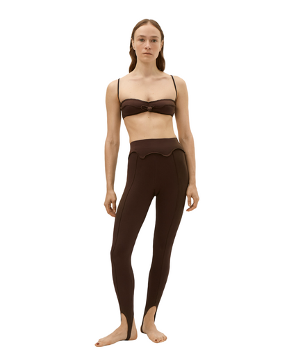 Brown slim leggings with wavy waistband detail and high-rise fit