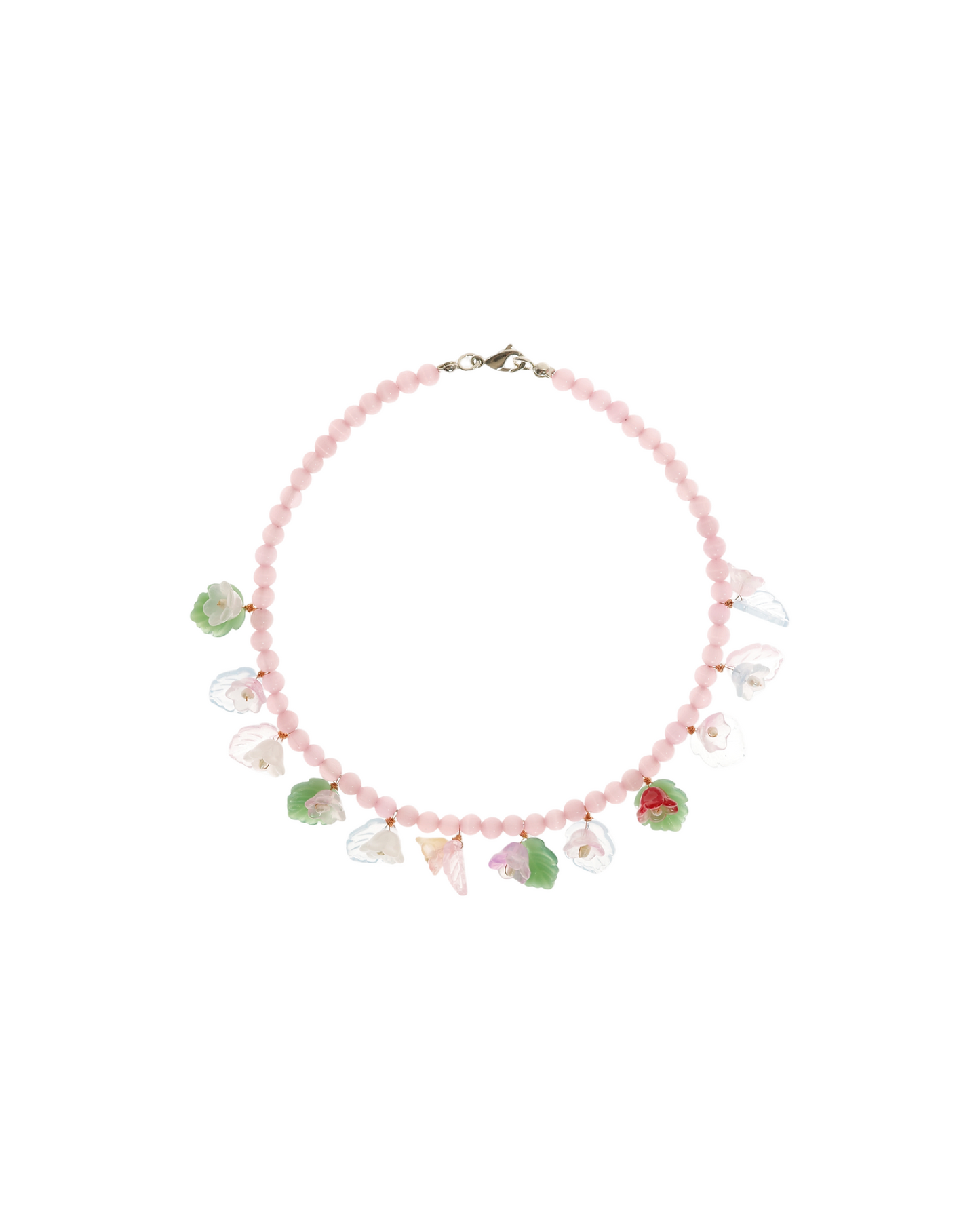 Pink glass bead necklace with flower charms and lobster clasp