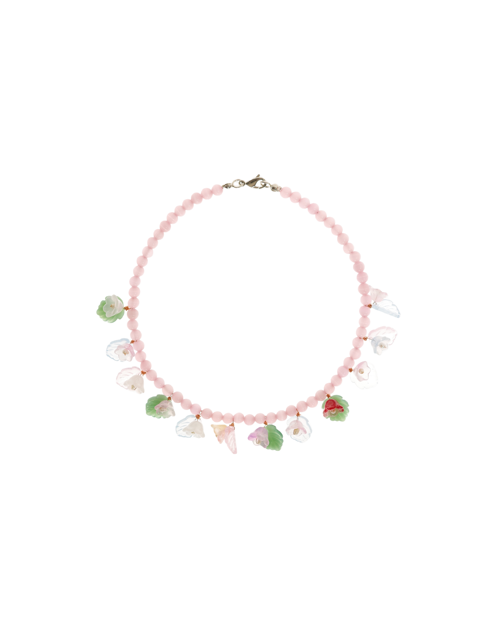 Pink glass bead necklace with flower charms and lobster clasp